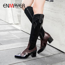 ENMAYER Mixed Colors Womens Winter Fashion 2019 Pointed Toe Square Heel Knee High Boots Winter Short Plush Zipper Womens Shoes 2024 - buy cheap