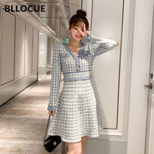 BLLOCUE Autumn Fashion Runway Tassel knitting Dress Women's Long Sleeve V-Neck Elegant Vintage Houndstooth A Line Dress 2024 - buy cheap