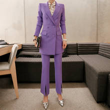 Women's Business Pants Suits long Suits Blazer Jacket Double Breasted Female Office Lady Formal pant suits purple 2 Piece Set 2024 - buy cheap