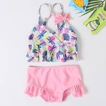 Little Girls Summer Two Piece Split Swimsuit Kids Fresh Bow Printed Backless Tops+Ruffles Elastic Triangle Shorts Swimwear Suits 2024 - buy cheap
