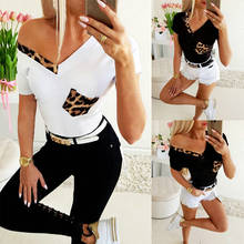 Women Summer Casual Slim T-Shirts Color Matching Leopard Patchwork Pocket Decor V-Neck Short Sleeve Bodycon White Black Tee Tops 2024 - buy cheap