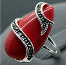 Fashion jewelry    wholesale Unique 10X20mm Red Carved Lacquer Marcasite 925 Sterling Silver Lady Ring 7-10 2024 - buy cheap