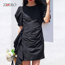 Summer Women Plaid Ruffles Patchwork Puff Slevee Ruched Mini Dress Female Vintage High Waist Black Asymmetrical Casual Dresses 2024 - buy cheap