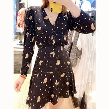 Ladies Butterfly Printed V Neckline Puff Sleeve Short Mini Dress With Long Sleeve 2024 - buy cheap