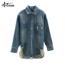Artsnie streetwear casual denim hole women jacket winter 2019 turn down collar long sleeve jeans coat female pockets blue jacket 2024 - buy cheap