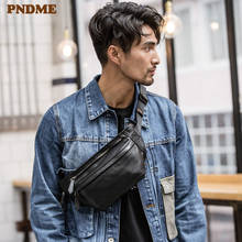 PNDME fashion real cowhide men's small chest bag casual waist packs genuine leather luxury daily black shoulder messenger bags 2024 - buy cheap