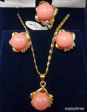 Juego de pendientes de anillo y collar con colgante de cristal, piedra amarilla, Coral rosa 2024 - compra barato