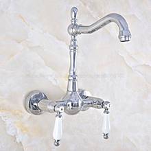 Polished Chrome Dual Handles Bathroom Kitchen Sink Faucets Wall Mounted Swivel Spout Two Holes Kitchen Mixer Taps znf563 2024 - buy cheap
