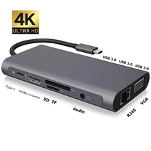 USB C концентратор док-станция 10 в 1 Тип C адаптер к USB 3,0 4K HDMI-совместимый VGA RJ45 конвертер для Macbook Pro Huawei Samsung 2024 - купить недорого