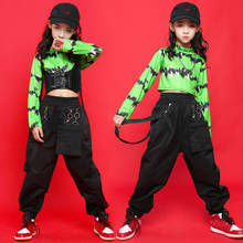 Костюмы для танцев, хип-хоп, для девочек, зеленый топ, рубашка, черный укороченный жилет, повседневные штаны для детей, одежда для бальных танцев XS1188 2024 - купить недорого