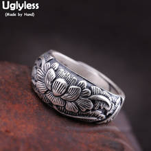 Anéis de lótus prata 990 pura sem glíter para mulheres, prata tailandesa esculpida floral, anéis abertos, artesanais, joias de flor de peônia r1040 2024 - compre barato