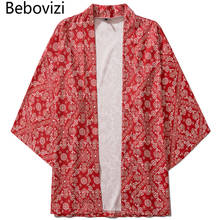 Bebovizi vermelho impressão quimono harajuku estilo japonês fino tradicional cardigan yukata hip hop streetwear mujer haori obi 2024 - compre barato