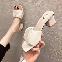 Summer Women's Slippers Fashion Simple Outer Wear Mid-heel Women's Shoes One-word Slippers Square Toe Party Women's Sandals 2024 - buy cheap