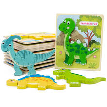 Деревянный мультяшный динозавр, 3D пазл для детей, Монтессори, животные, раннее обучение, Обучающие игрушки-пазлы для детей 2024 - купить недорого