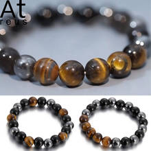 Pulseira masculina de ônix com pedras, preto natural com olho de tigre, joias yoka, chakra, pulseira com obsidiana, olho de gato, pulseira de equilíbrio de energia 2024 - compre barato