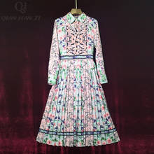 Qian Han Zi 2020 Designer Fashion Runway Dress Women Long Sleeve Flower Print Elegant Pleated Mid-length Dress 2024 - buy cheap
