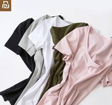 Youpin camisa de algodão slim, camisa manga curta, confortável, respirável, gola redonda, gola em v, vestido de verão para mulheres e meninas 2024 - compre barato