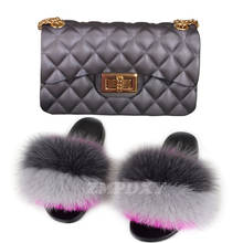 Fluffy Real Fox Fur Slides Women Candy Color Crossbody Jelly Bags Ladies Chain Shoulder Bag Purse Set Furry Slippers Sandals 2024 - buy cheap