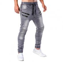 Pantalones vaqueros de moda para hombre, Vaqueros ajustados con bolsillos y cordón, con cremallera, para correr, 2021 2024 - compra barato