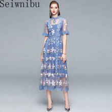 Seiwnibu Boho Summer Fashion Designer Dress Women Flowers Embroidery Lace Mesh Elegant Holiday Party Ladies Midi Dresses 2024 - buy cheap