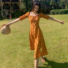 Jielur-vestido Floral naranja Vintage para mujer, de cintura alta, de gasa, informal, para playa y verano 2024 - compra barato