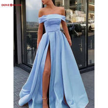 Blue Prom Dresses 2021 Off Shoulder Satin Slit Simple A Line Sleeveless Long Floor Length Pleat Evening Gowns customize Party 2024 - buy cheap