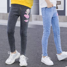 Calça jeans para meninas, calça jeans de desenho estampado para crianças, azul ou preta 2024 - compre barato