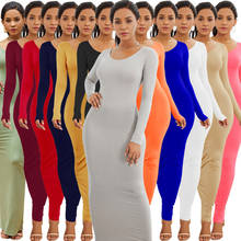 Colorful Long Sleeve O Neck Stretchy Long Dress 2022 Spring Autumn Women Solid Casual Elegant Robe Bodycon Maxi Dresses Vestidos 2024 - buy cheap