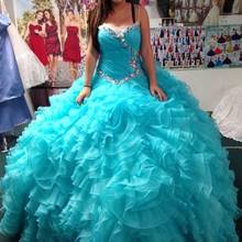 Aqua-vestido De fiesta De Organza, quinceañera, volantes, 15 años, 16 años 2024 - compra barato