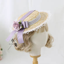 Плоская шляпа Lolita, элегантная винтажная кружевная шляпа в стиле Хан Янг, женская шляпа для чайвечерние, великолепная соломенная шляпа с цветами для свадьбы 2024 - купить недорого