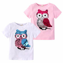 Elvesnest Owl Graphic T Shirts Novelty Sequins Kids Girls T-shirt Cotton Short Sleeve Children Girl Tops Cartoon Childen Clothes 2024 - buy cheap