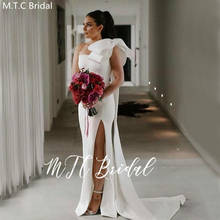 Novo design branco sereia vestidos de dama de honra com arco grande um ombro alta fenda longo elegante vestido feminino para festa de casamento 2020 2024 - compre barato
