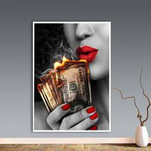 Pintura en lienzo con labios rojos para decoración del hogar, póster artístico moderno para pared, amantes, chica, dinero de fuego, sala de estar, oficina, Bar 2024 - compra barato