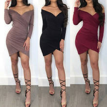 Fashion Women's Sexy Off Shoulder V-Neck Long Sleeve Bodycon Dress Solid Color Evening Party Mini Dress Black Khaki Wine Red 2024 - buy cheap