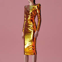 Роскошное вечернее платье с блестками для женщин, летнее элегантное Золотое Платье с круглым вырезом и длинным рукавом, сексуальное облегающее офисное платье миди 2020 2024 - купить недорого