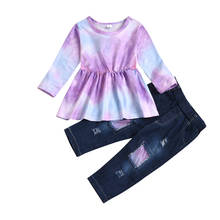 1-6Y Fashion Girls Clothes Sets Tie Dye Print Long Sleeve Tops Dress + Hole Jeans Denim Pants 2PCS Autumn Spring Children Outfit 2024 - buy cheap