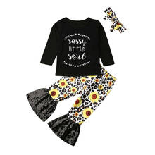 0-3Y Newborn Kids Baby Girl Long Sleeve T-shirt Tops Sunflower Leopard Flared Pant Trouser Headband 3PCS Girls Clothing Set 2024 - buy cheap