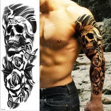 Tatuagem temporária masculina, tatuagem de braço inteiro com manga, à prova d'água, preto, tatuagem grande para meninos, adesivos de arte corporal rústica, caveira 2024 - compre barato