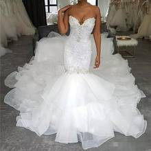 Vestido de noiva estilo sereia, longo, com babados, em organza, desenho amor, personalizado 2024 - compre barato