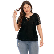 Sale Women Sexy V Neck Short Sleeve Lace Tops Female Summer Casual L-6XL Plus Size Hollow Out Blouse Shirt Ladies Black Top 2024 - buy cheap