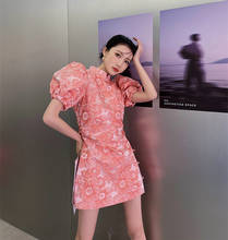 Sweet Vintage Jacquard Improved Cheongsam Dress 2021 Summer New Temperament Puff Sleeve Pink Runway Dress 2024 - buy cheap