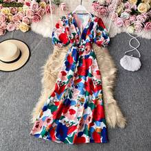 Guilantu-Vestidos largos bohemios para Mujer, ropa de verano con cuello de pico, manga corta, estampado Floral, Vintage, Sexy 2024 - compra barato