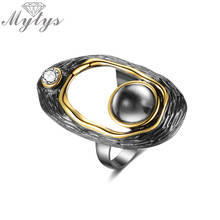 Mytys-anillo Vintage antiguo de diseño hueco, marco de alambre de oro y Perla Negra, adorno de cristal R2161 2024 - compra barato