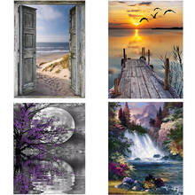 4 peças/lote diy 5d porta pintura diamante pôr do sol paisagem ponto cruz cachoeira diamante bordado broca redonda completa decoração da sua casa 2024 - compre barato