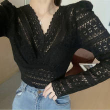 Fashion Women Slim Lace Blouse Shirts Elegant Floral Embroidery Long Sleeve Skinny Blouses Lady Sexy See-through Shirt Tops 2024 - compre barato