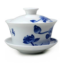 Gaywan conjunto de chá tureen de lótus, acos de lótus, azul e branco, porcelana tradicional, xícaras de chá chinês, cobertura de louça 2024 - compre barato