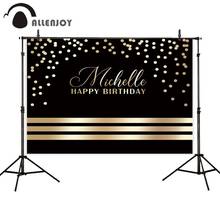 Allenjoy-fundo de feliz aniversário com bolinhas, preto/dourado, faixas personalizadas para decoração de festas de adultos e crianças, cenário fotográfico 2024 - compre barato