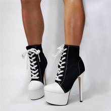 Hot Girls Black White Patchwork High Heel Ankle Boots Woman Fashion Round Toe Platform Lace Up Short Boots 100% Real Photos 2024 - buy cheap