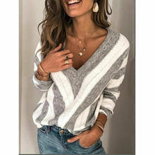 Women Autumn V Neck Long Sleeve Sweatshirts Loose Knit Pullover Sexy Jumper Tops 2024 - buy cheap