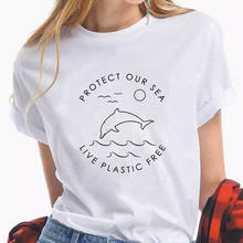 Camiseta feminina gráfica orgânica, camiseta para proteção do mar ao vivo, de plástico, à prova d'água, unissex, verão, manga curta 2024 - compre barato